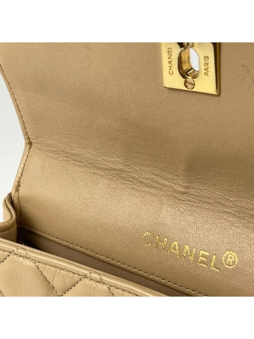 Chanel CC Logo Chain Shoulder Bag Quilted Leather Beige